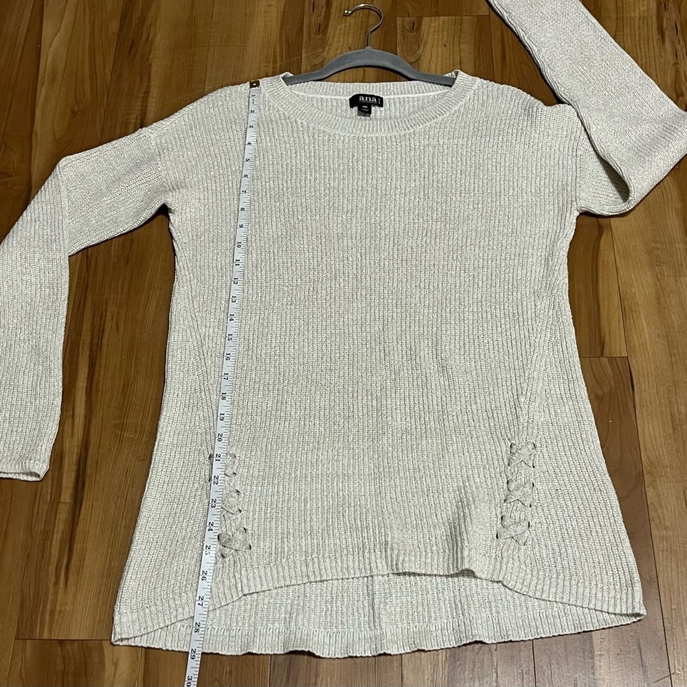 ANA Ivory Beige Gold Metallic Thread Lace-Up Knit Sweater PM Cozy Chic - Picture 7 of 8